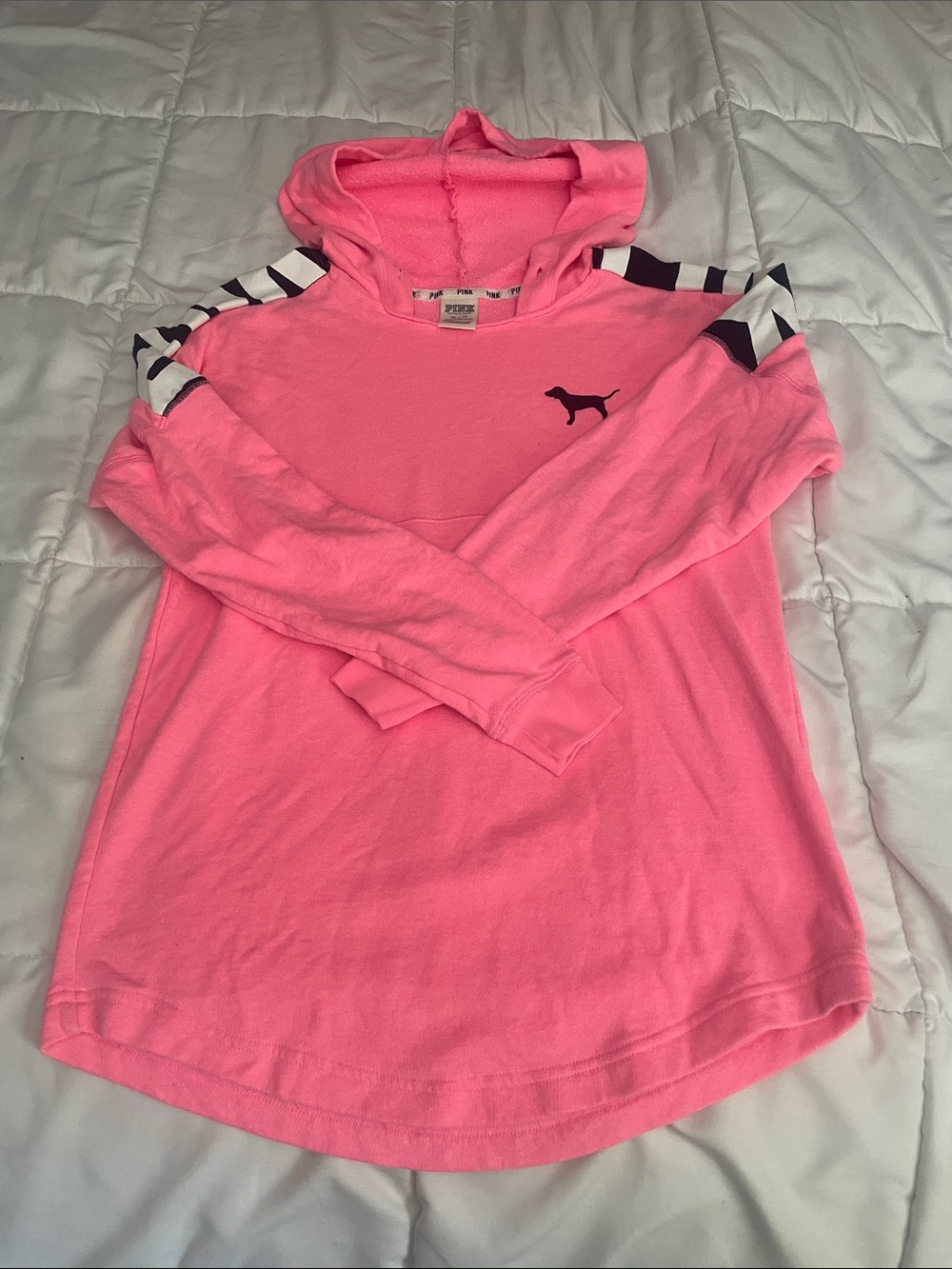 PINK Victoria's Secret Neon Pink Girls' Hoodie with Striped Shoulder Accents XS